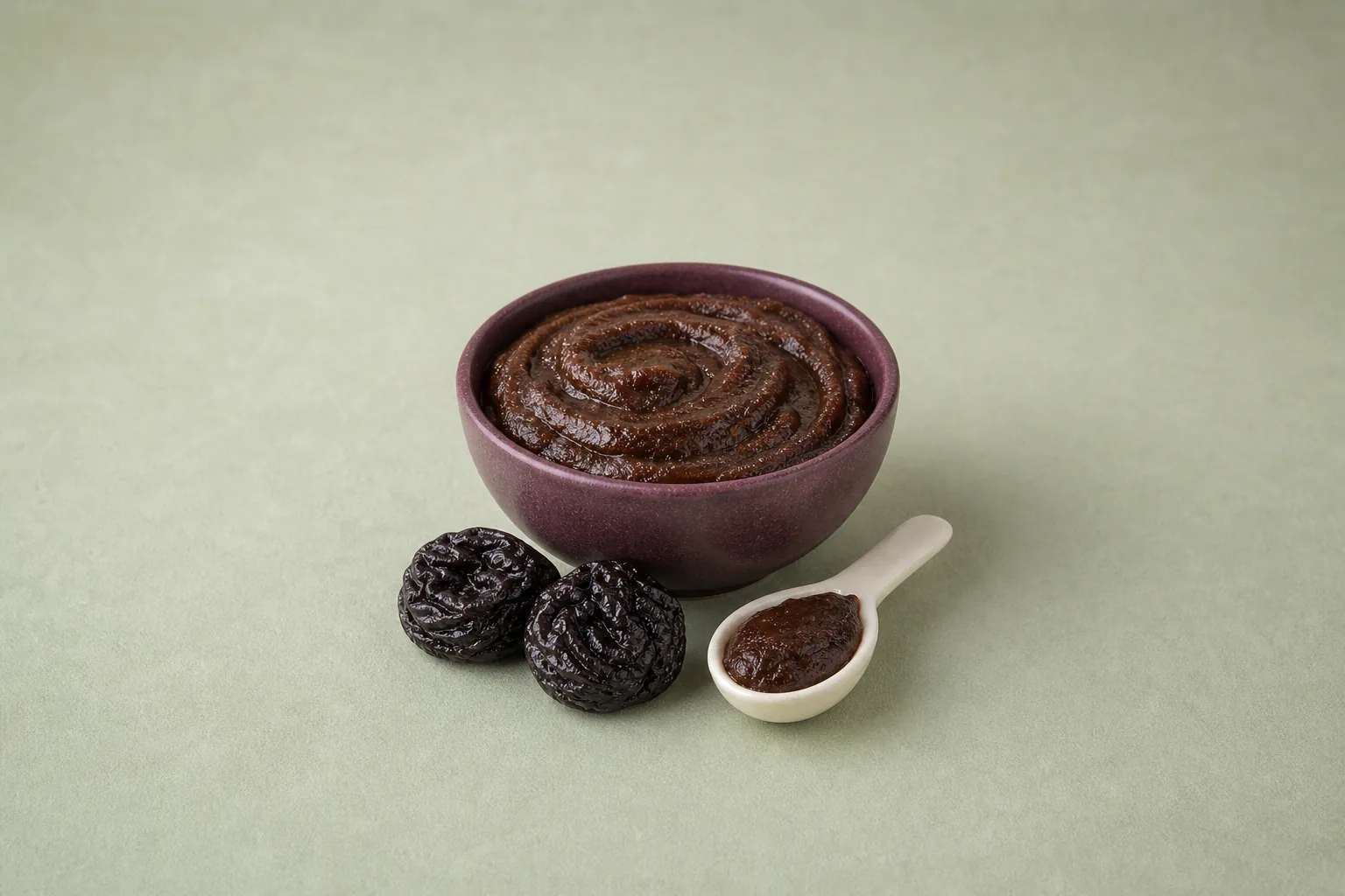 Thick dark prune puree in a plum bowl beside two dried prunes and a short cream spoonful.
