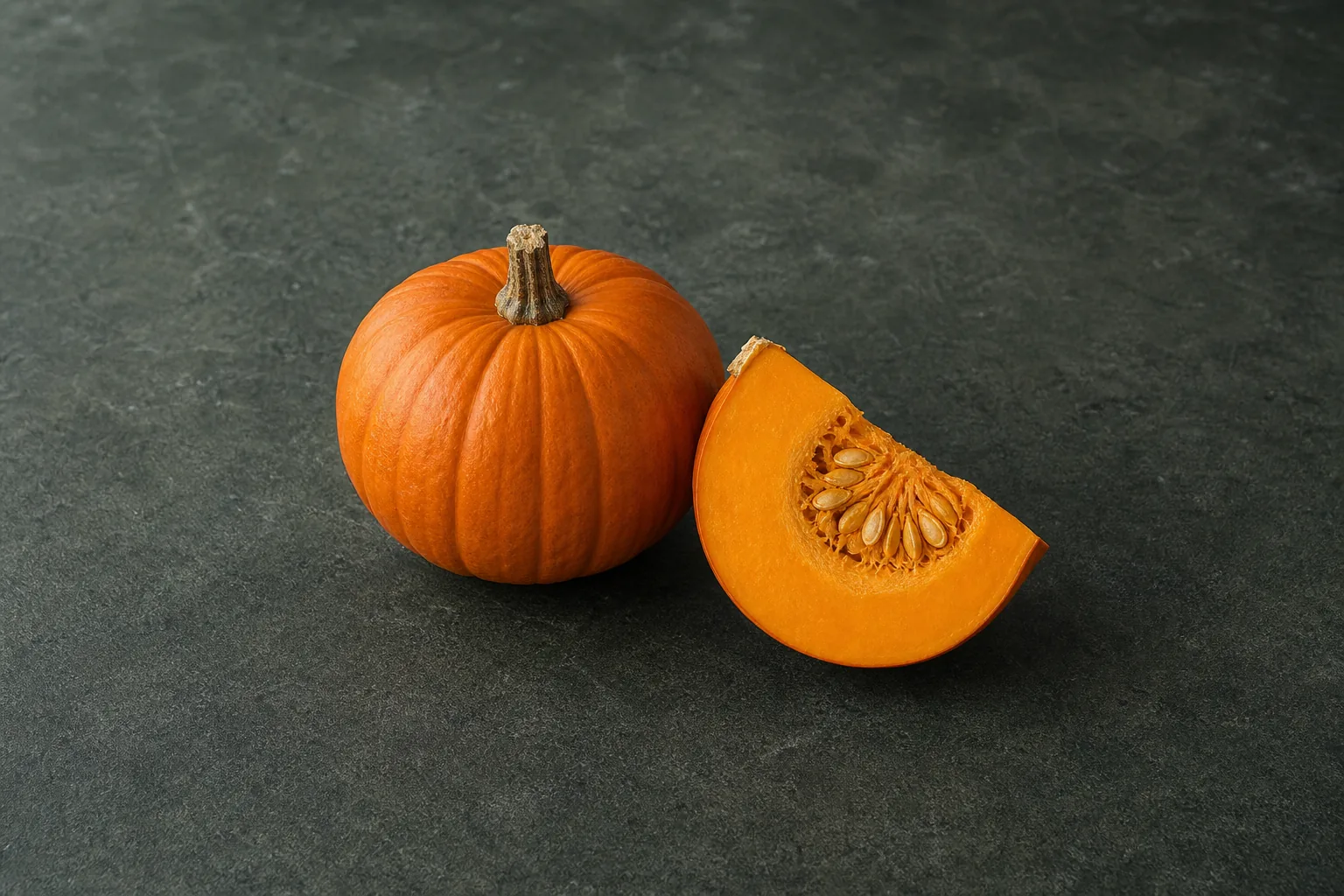 A small whole raw orange pumpkin and one cut wedge showing firm orange flesh and its seed cavity.