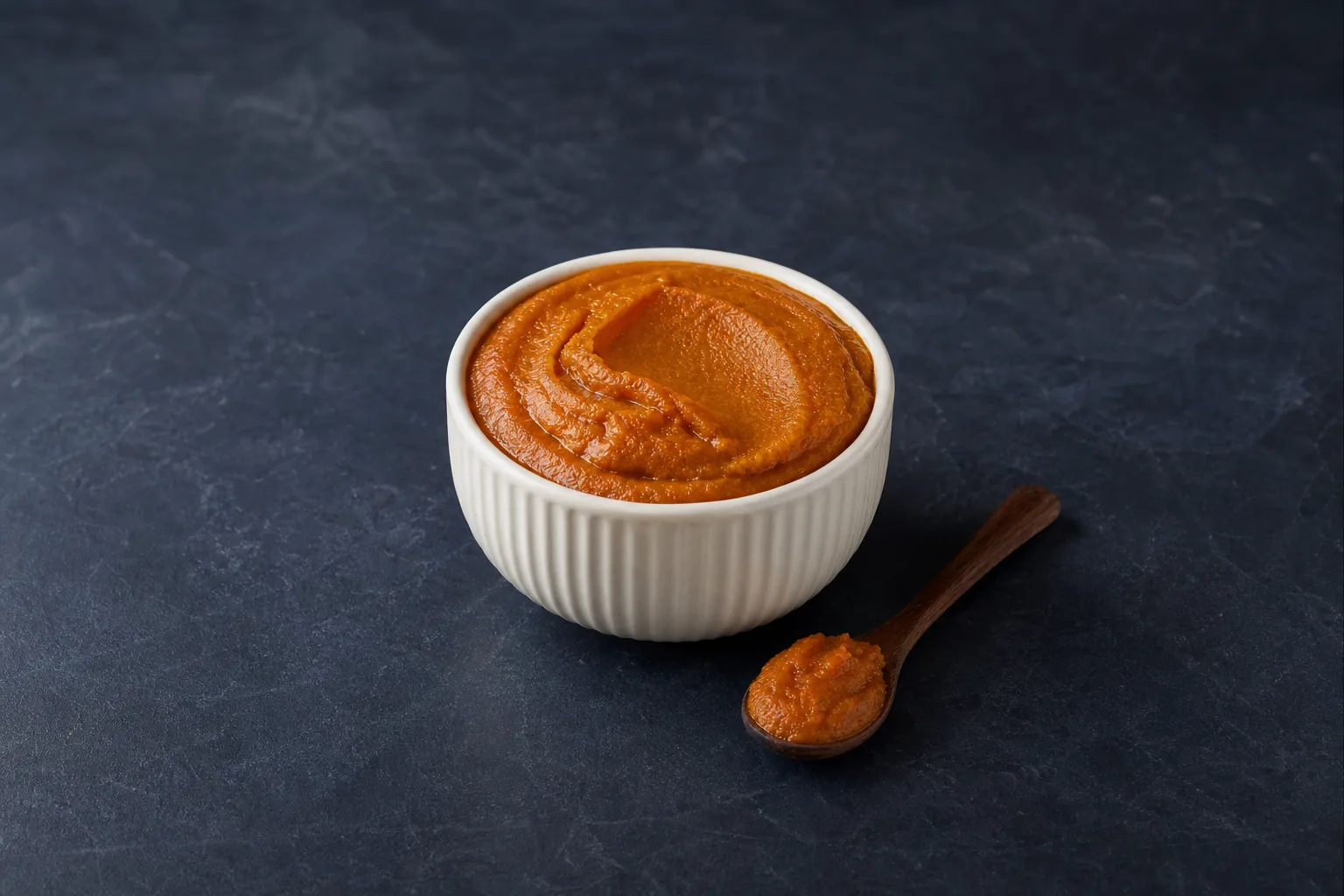 Dense burnt-orange pumpkin pie mix in a ribbed bowl with a spoonful beside it.