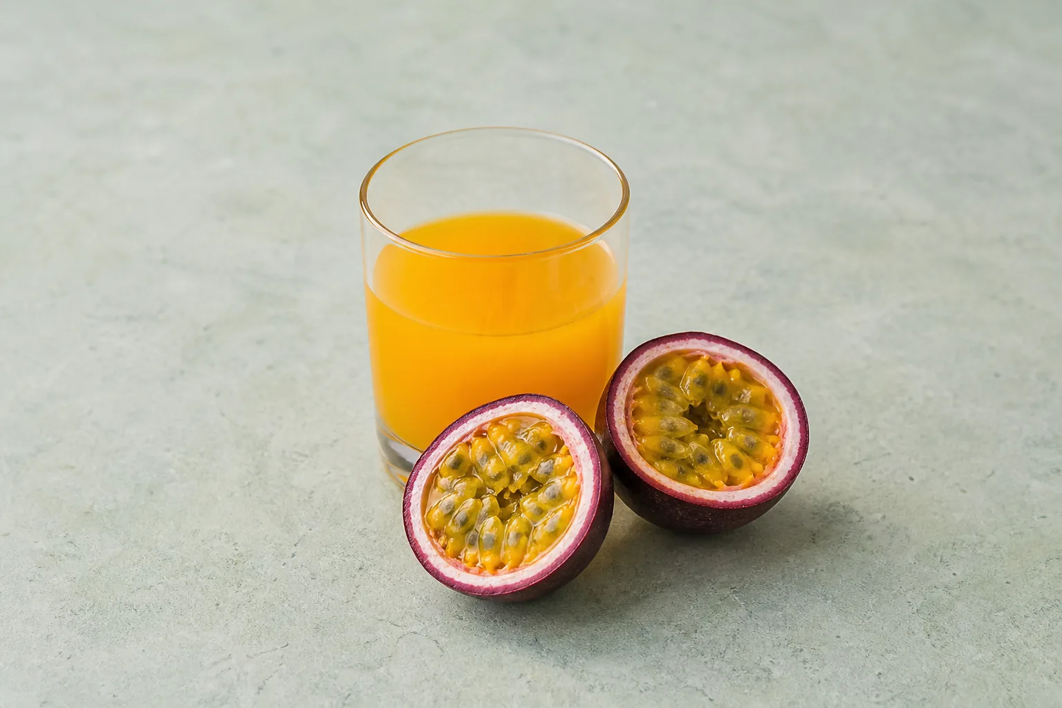 A glass of golden-orange juice beside two purple passion-fruit halves with seeded pulp.