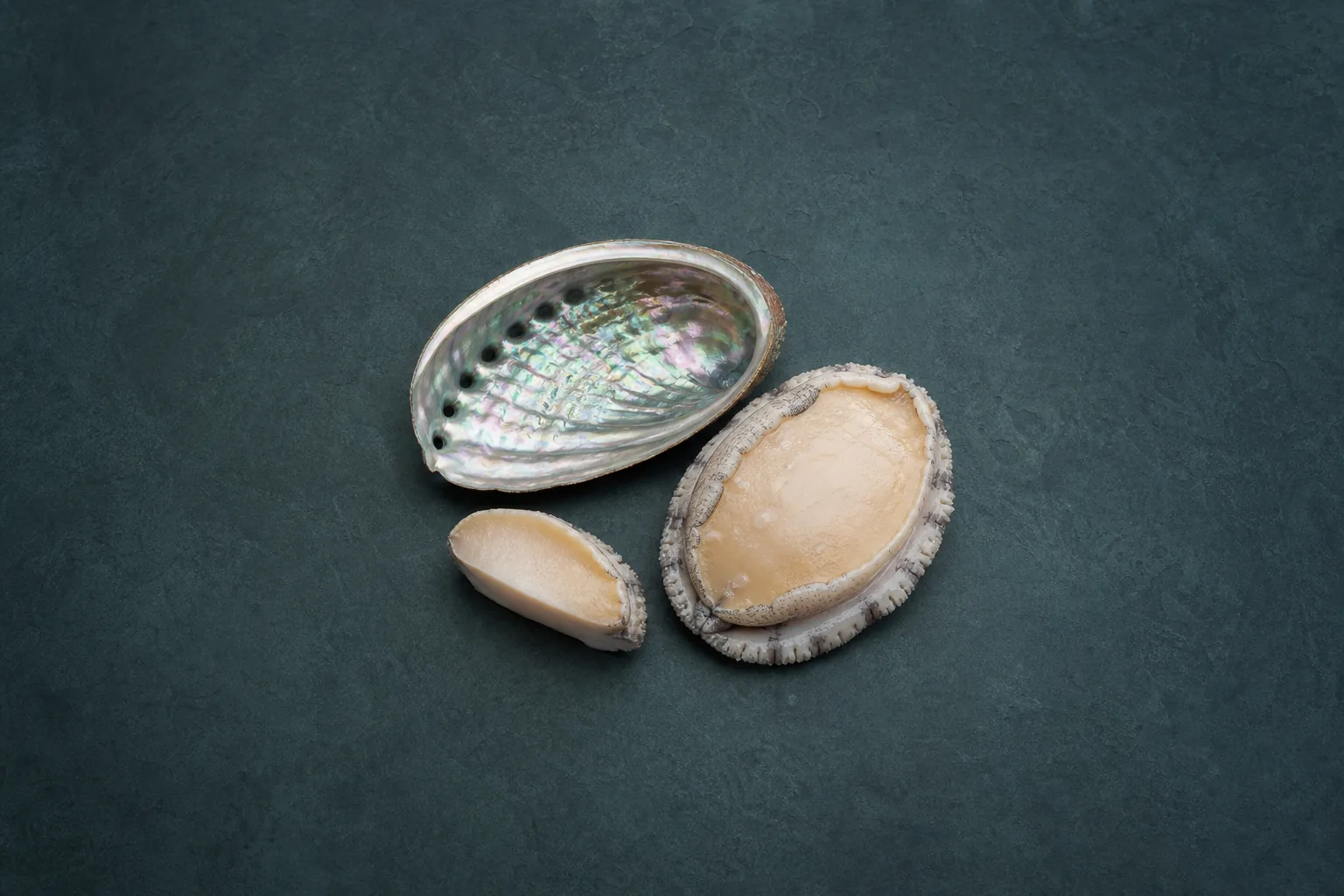 Raw abalone meat beside a complete oval abalone shell with a pearly interior.