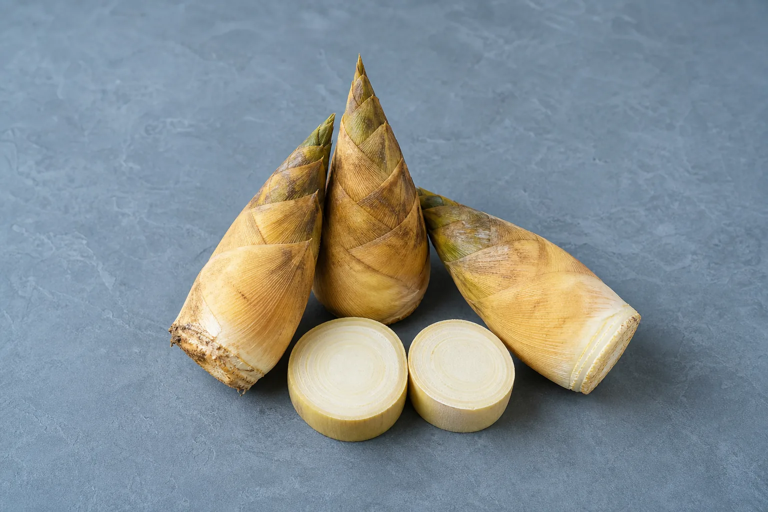 Three raw conical bamboo shoots with two cut rounds showing layered ivory flesh.
