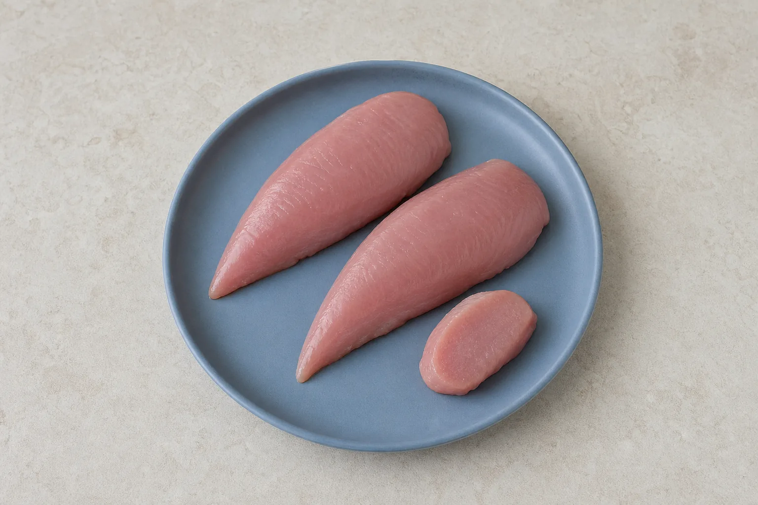 Two trimmed raw skinless pheasant breast portions on a plain plate.