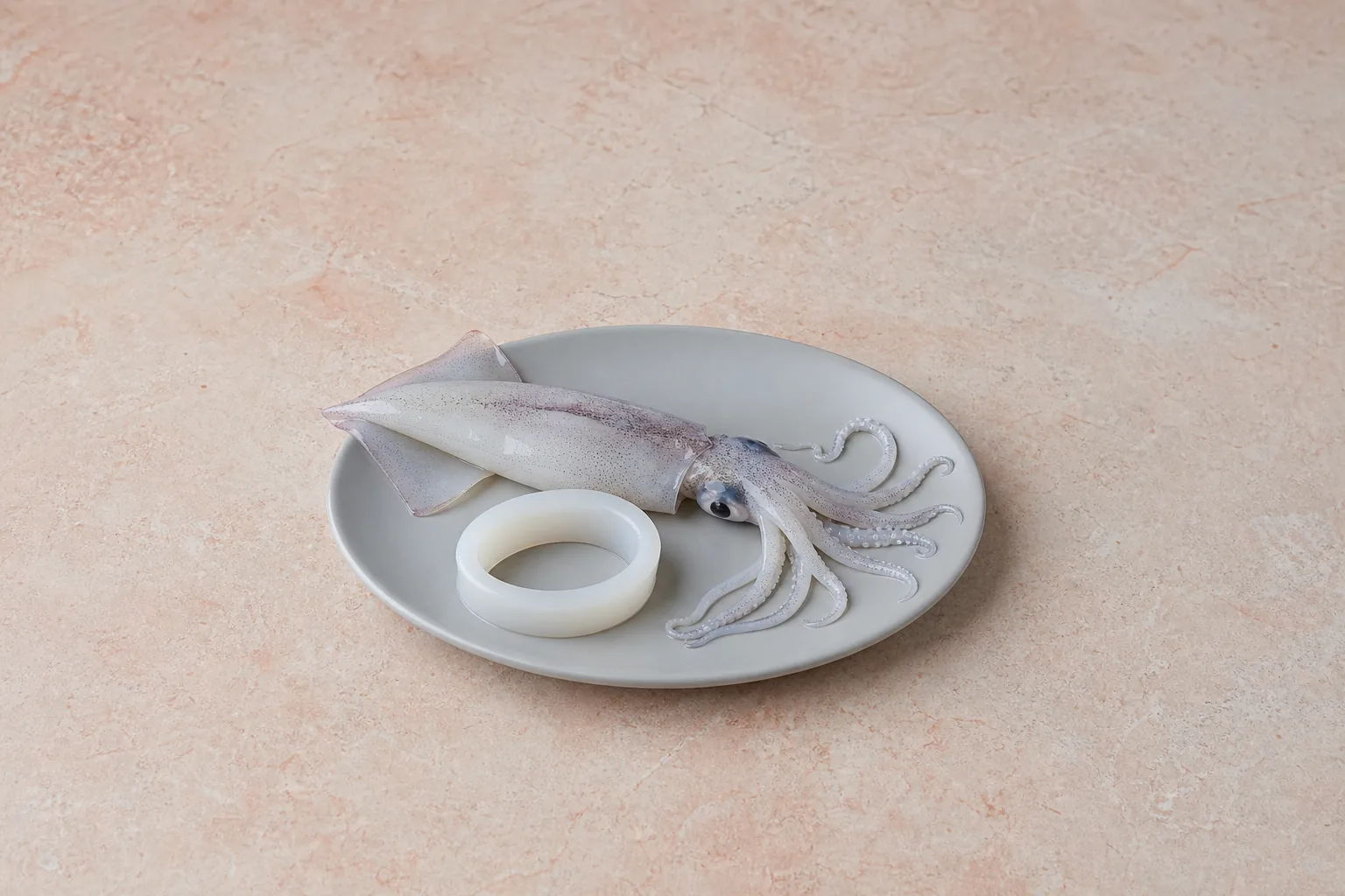A cleaned raw squid body with complete tentacles on a plain plate.