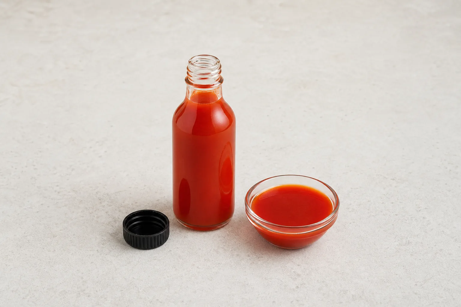 Thin bright-red hot pepper sauce in an unlabeled clear bottle and small glass bowl, with the black cap beside it.