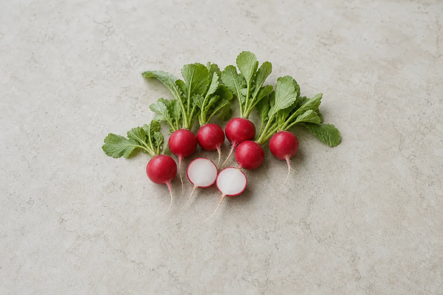 Round red raw radishes with leafy tops and one cut open to show crisp white flesh.