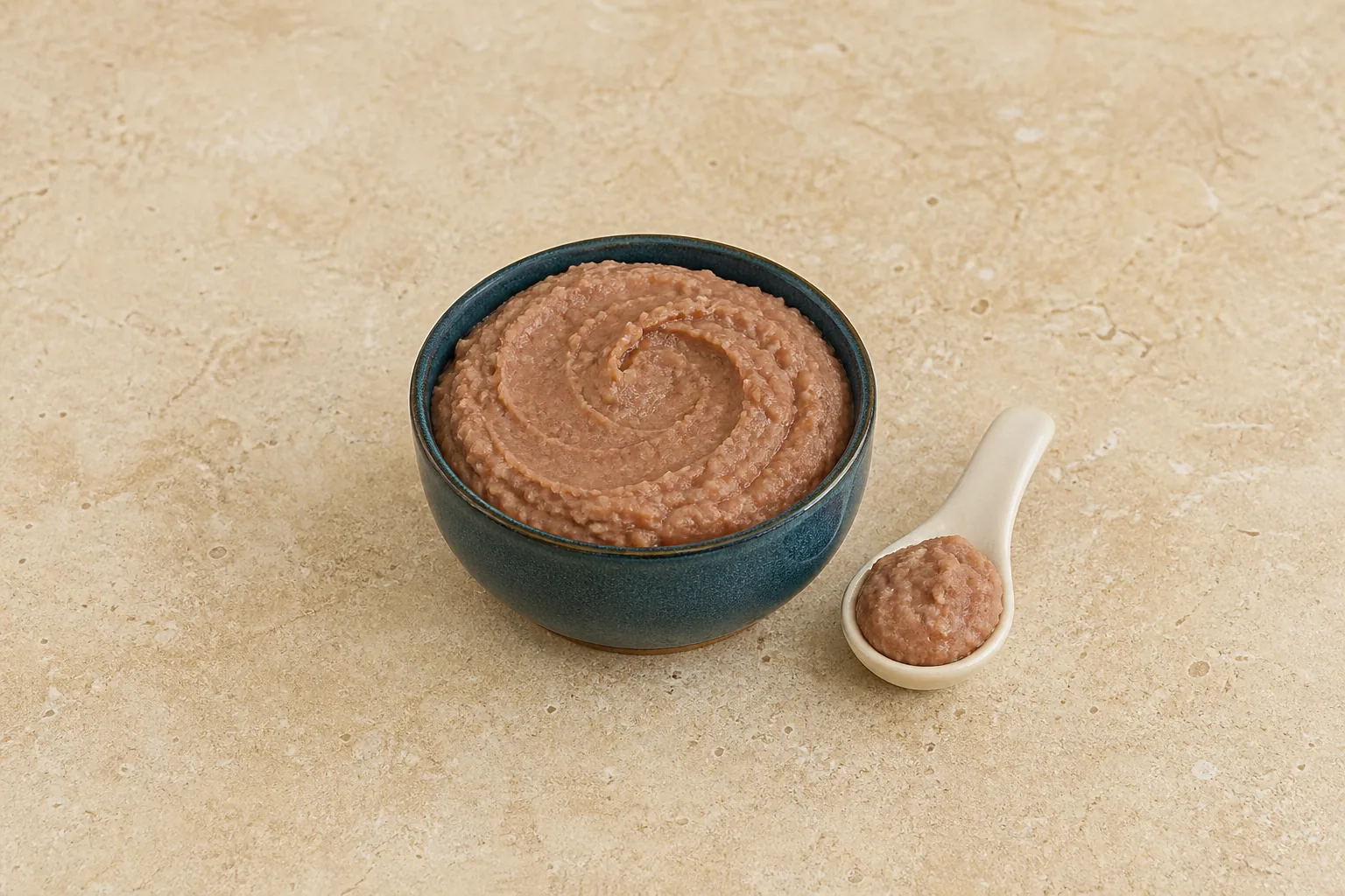 A dark teal bowl of smooth beige-brown refried beans with a spoonful beside it.