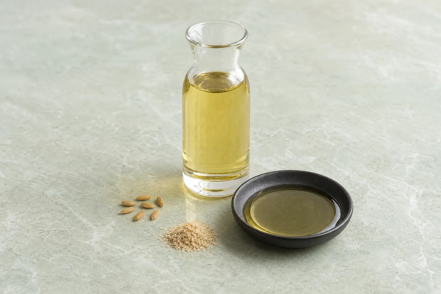 Pale golden oil in a clear carafe and dark dish with brown rice grains and a small pinch of bran.