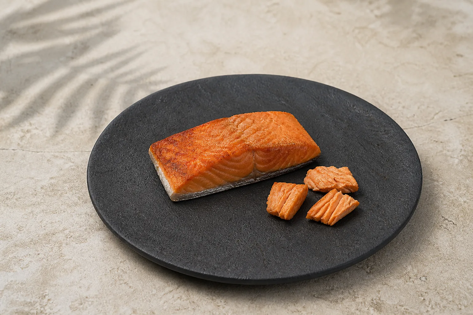 A dry-heat cooked salmon fillet with browned top and separated opaque flakes on a dark stone plate.