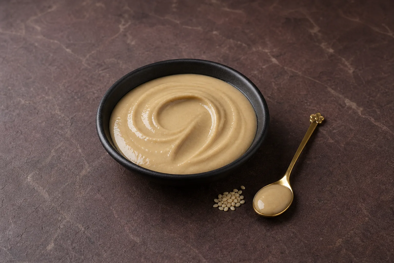 A black bowl of creamy pale beige seed butter with a spoonful and a few sesame seeds.