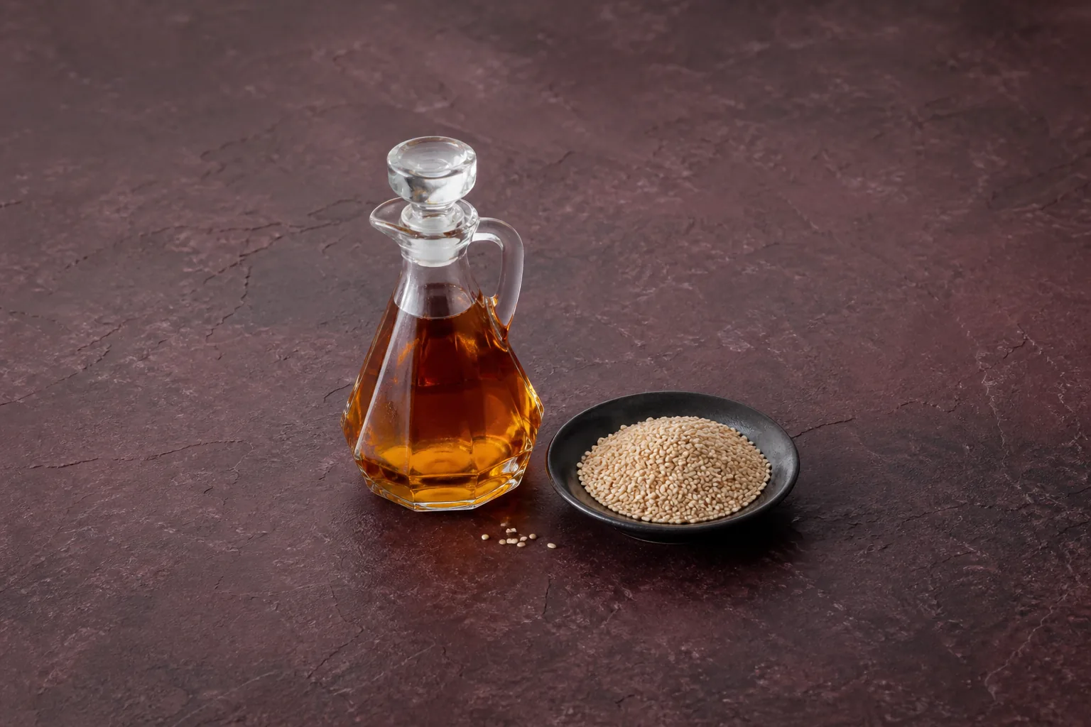 A clear cruet of deep amber oil beside a small dish of pale sesame seeds.