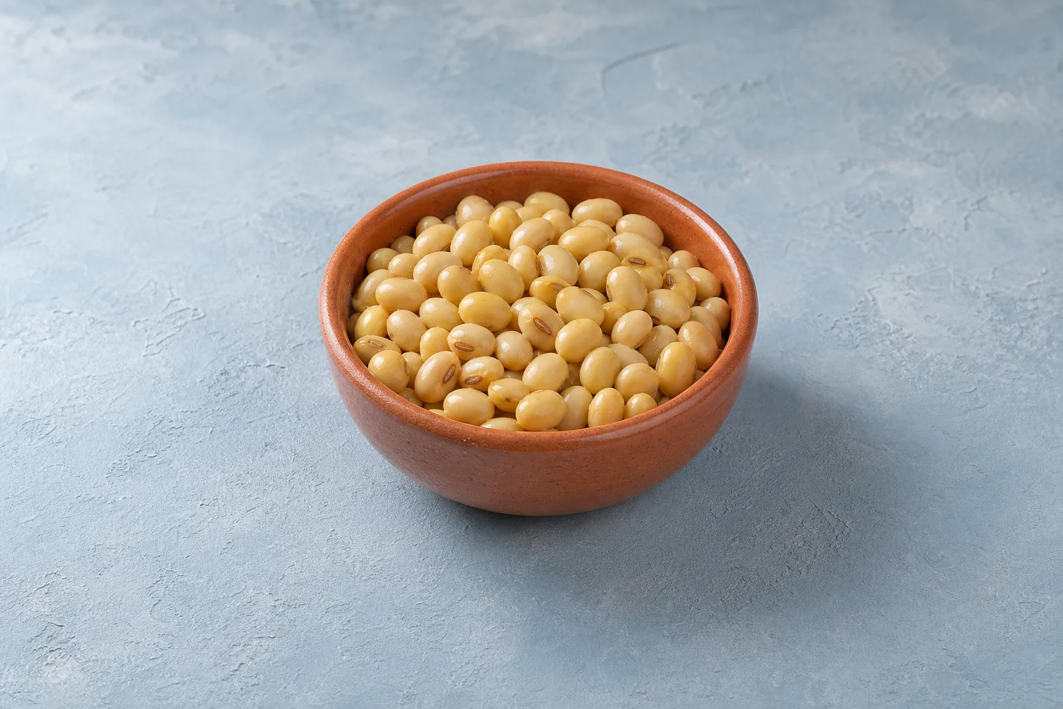 A small bowl of plain cooked mature soybeans with plump pale yellow-beige beans and visible hilum marks.