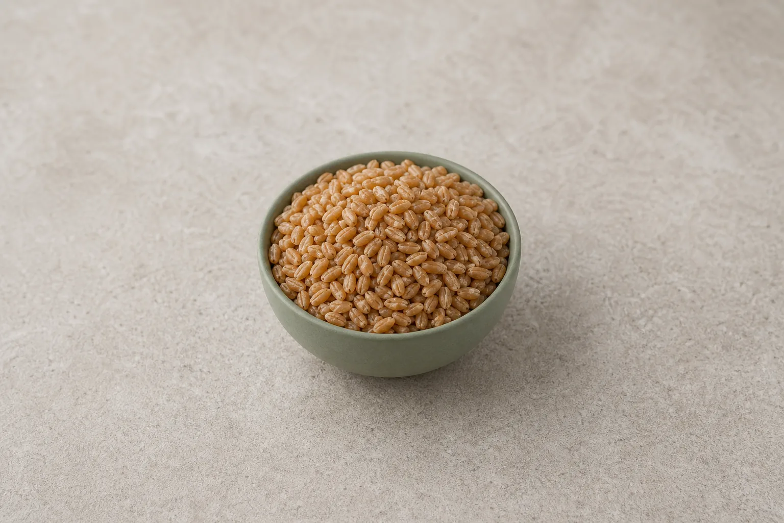 A small bowl of plain cooked spelt berries with plump elongated tan-brown kernels and visible central creases.