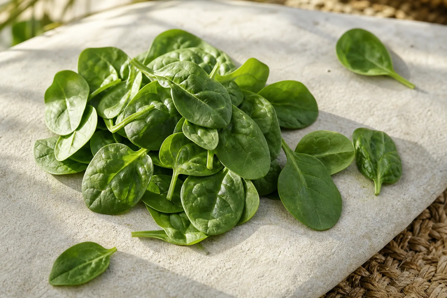 Fresh raw baby spinach leaves on pale river stone and woven fibre.