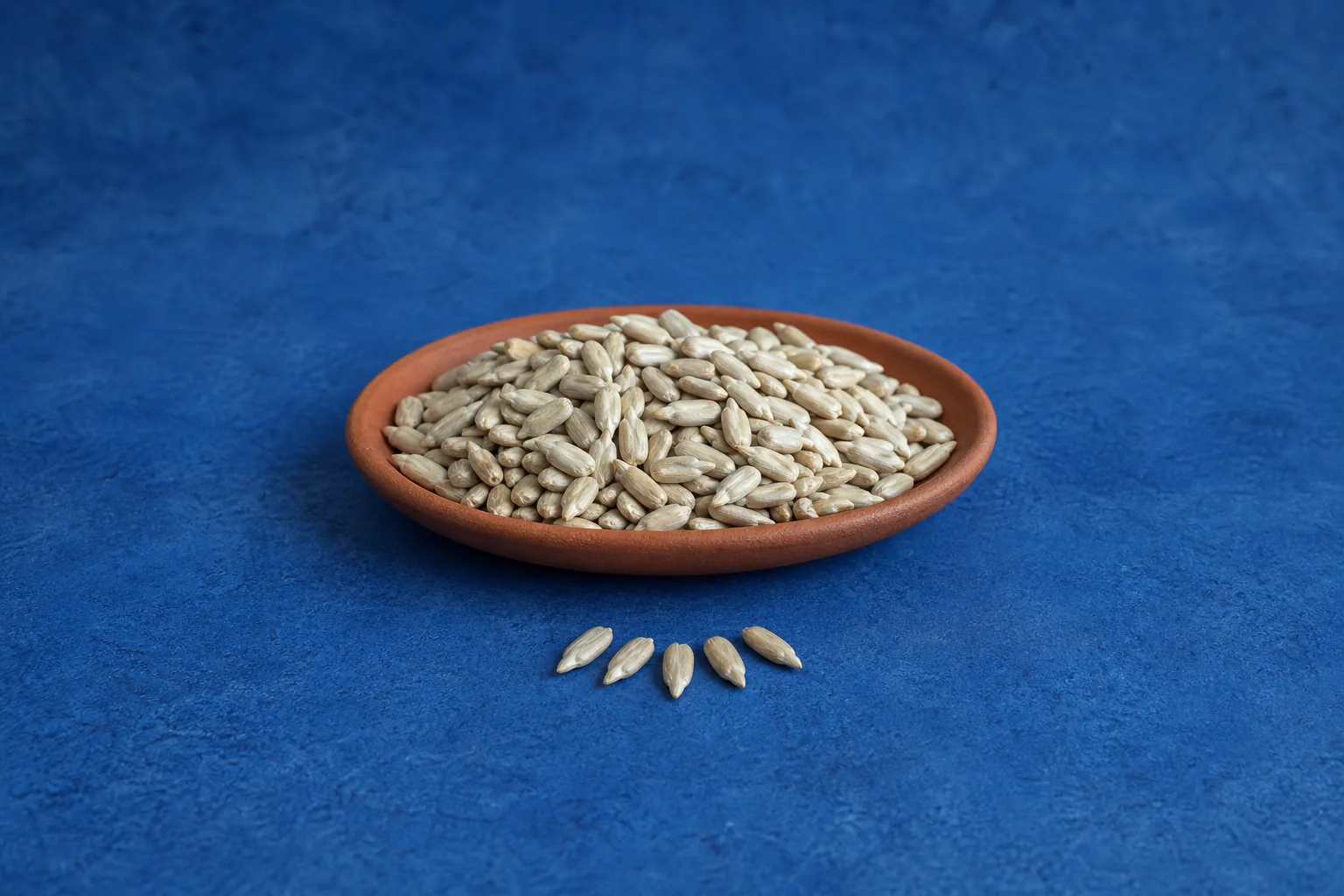 Raw shelled sunflower kernels in a small dark bowl with a few scattered nearby.