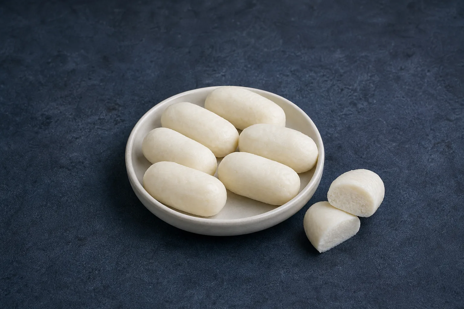 Plain pale surimi pieces in a small dish with two cut halves showing their dense texture.