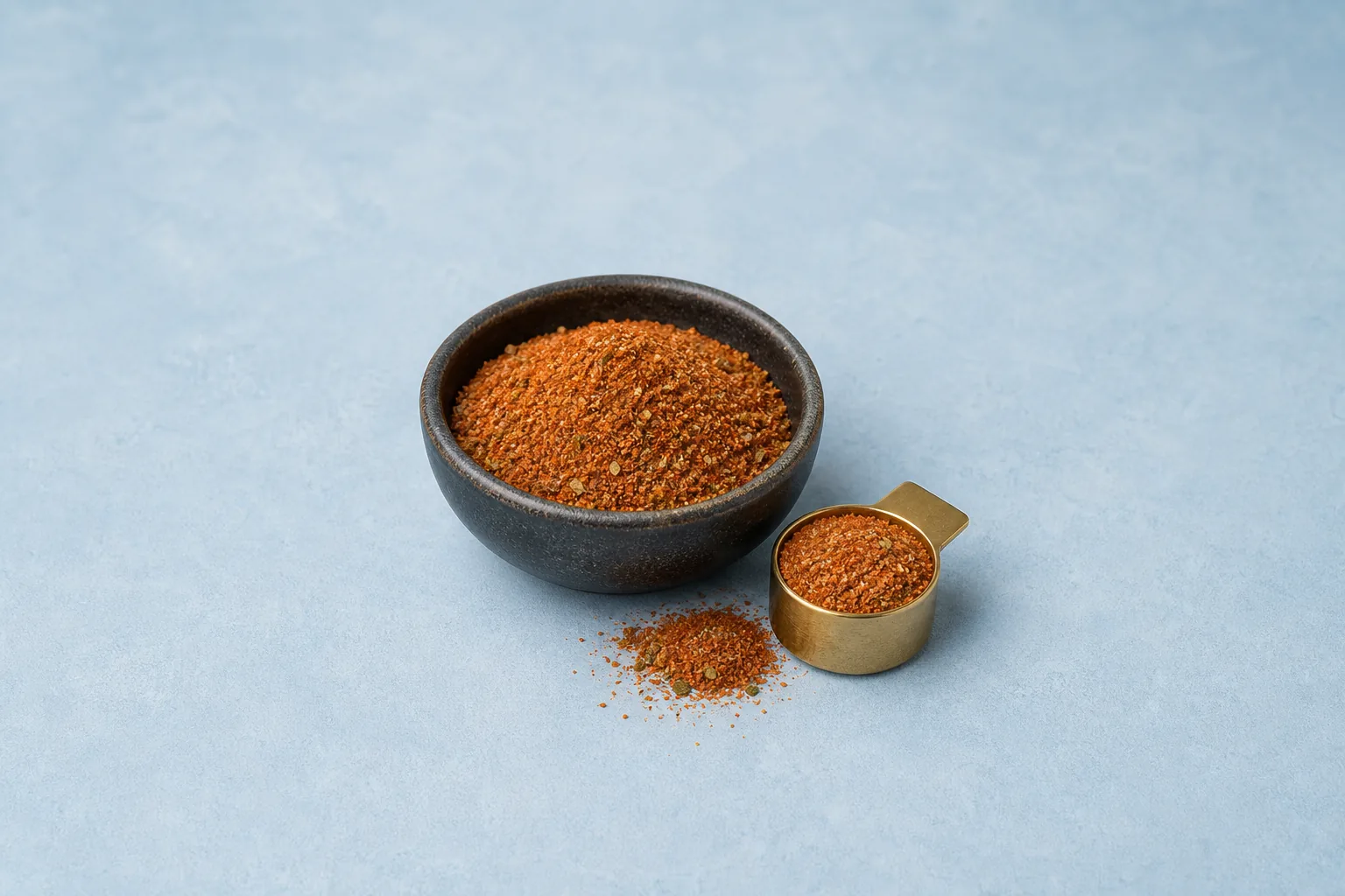 Rust-red dry taco seasoning in a dark bowl and compact brass scoop with a small spill.