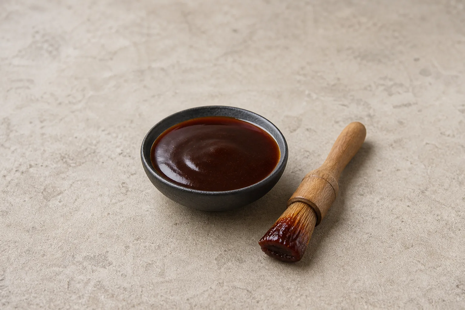 Glossy dark-brown teriyaki sauce in a black bowl with a small brush beside it.