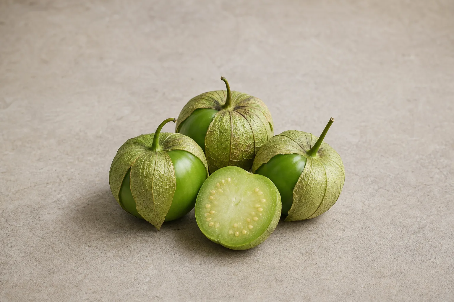 Raw green tomatillos with papery husks partly peeled back and one cut half showing pale-green seeded flesh.