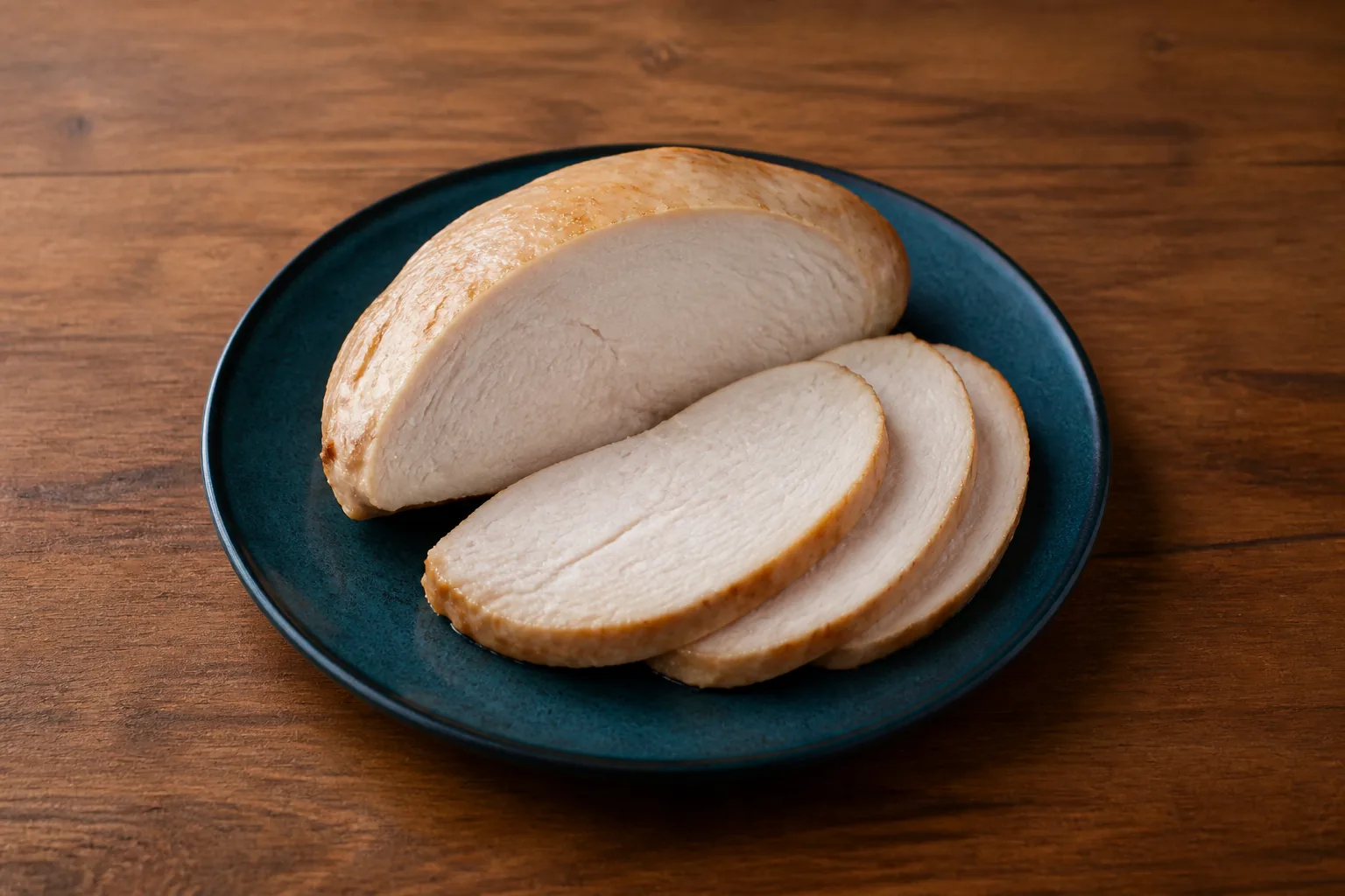 Plain roasted skinless turkey breast with three thick slices showing lean ivory meat.