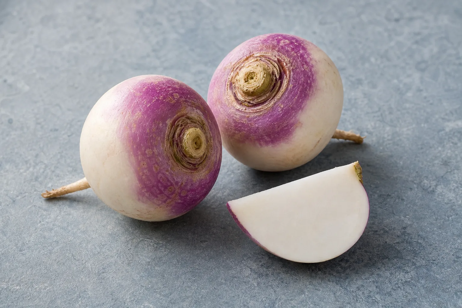 Two round white-and-purple turnips and one cut wedge showing crisp white flesh.