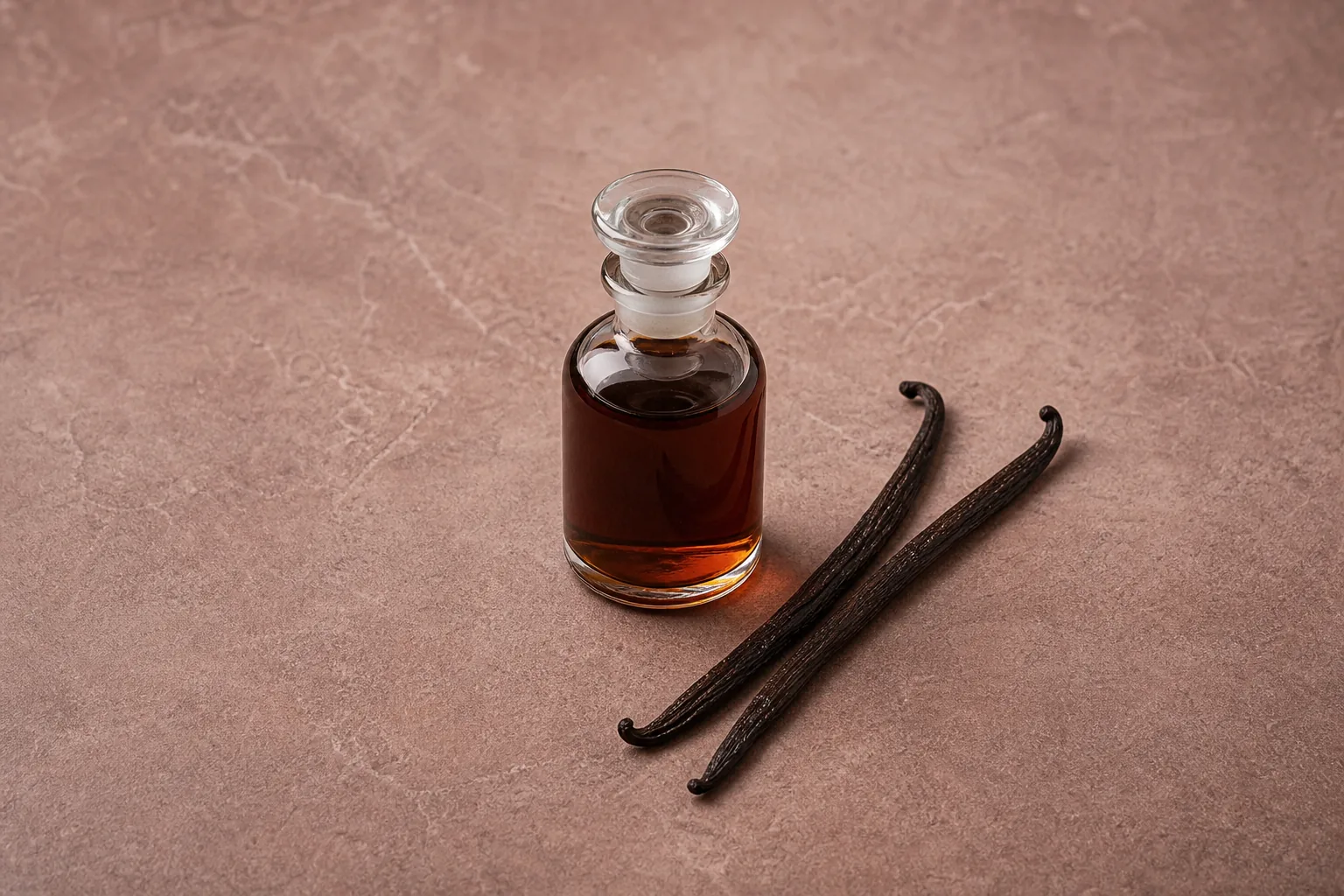 A small clear bottle of dark amber-brown liquid beside two wrinkled vanilla pods.