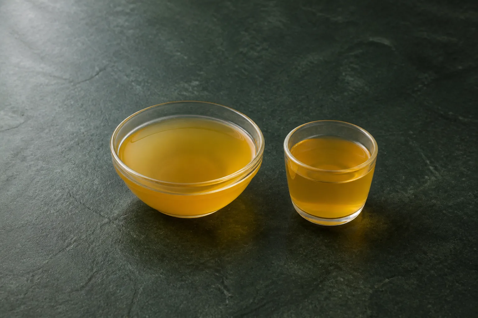Clear golden broth in a glass bowl and small glass cup.