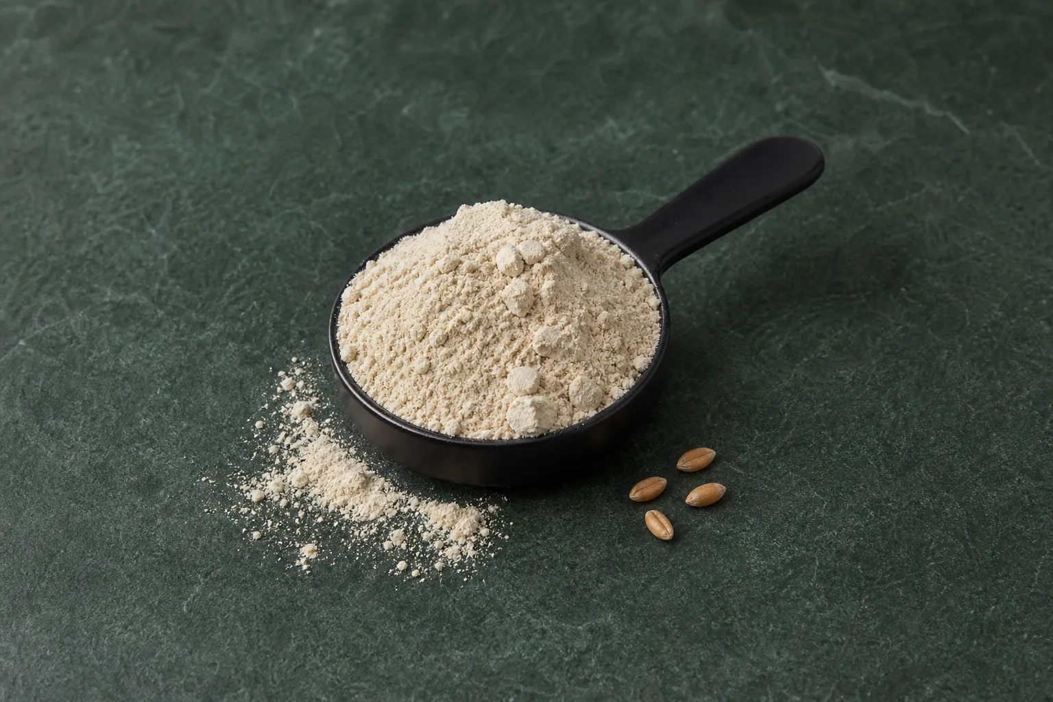 A black scoop of pale tan powder with a short spill and several wheat berries.