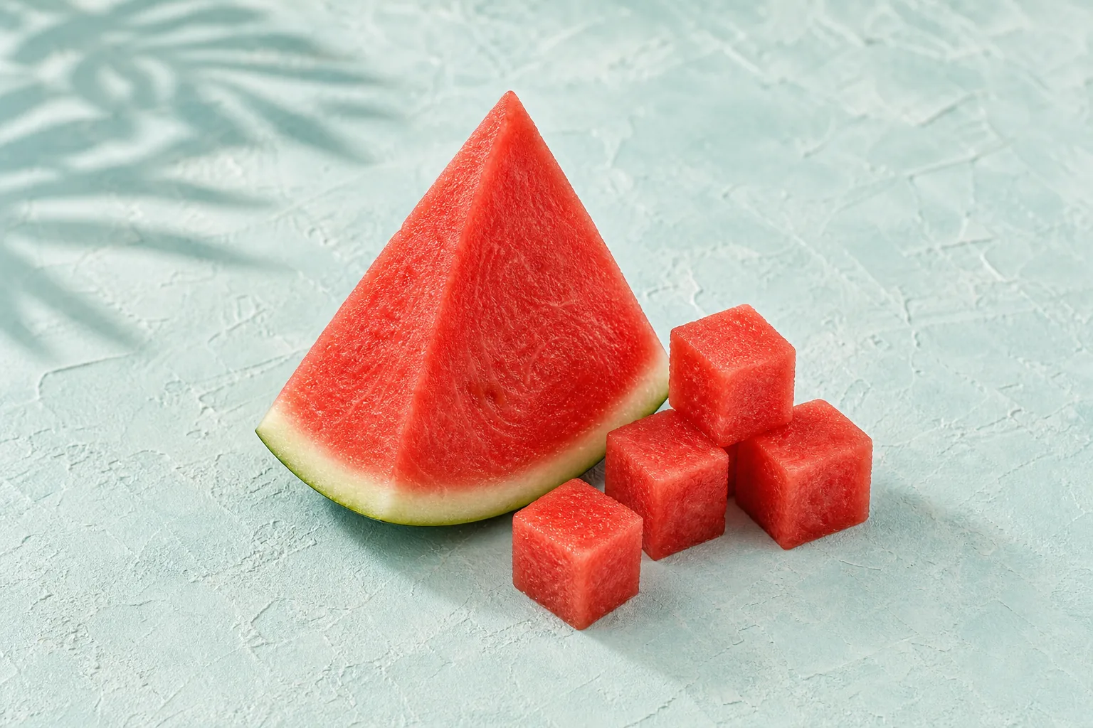 A raw red watermelon wedge with dark green rind and four rindless watermelon cubes.