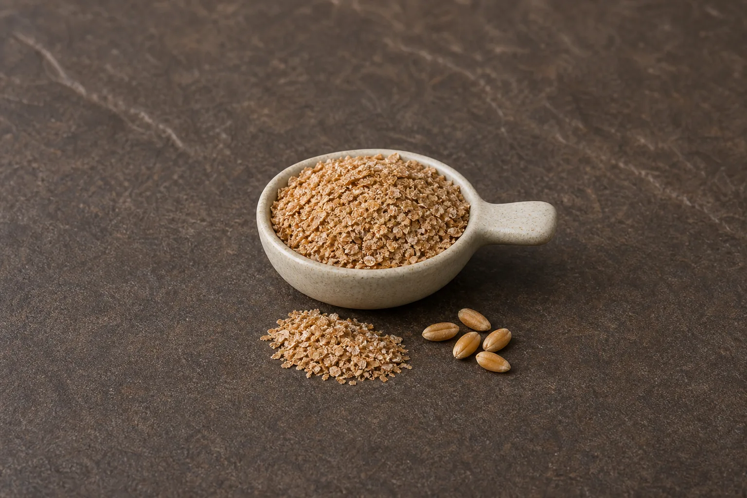A pale scoop of coarse golden-brown bran flakes with a small ridge and several wheat berries.