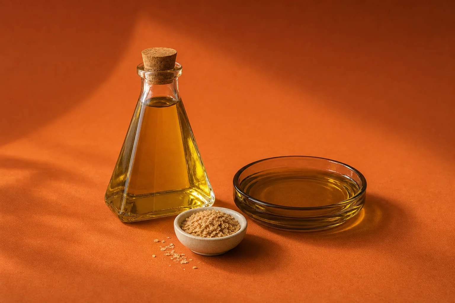 Deep golden oil in a triangular bottle and smoked-glass dish beside a small bowl of wheat-germ flakes.
