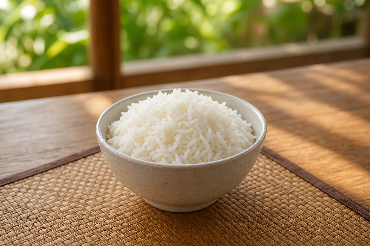 A ceramic bowl of plain steamed long-grain white rice on woven fibre and teak.