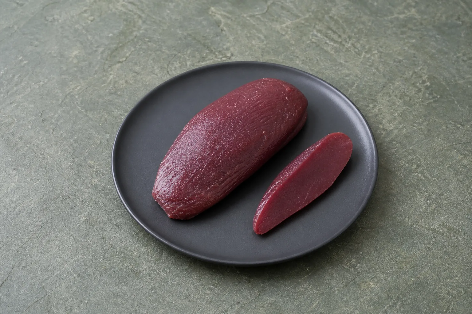 A trimmed raw skinless wild duck breast on a plain dark plate.