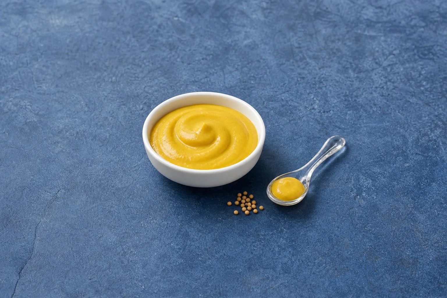 A white bowl of smooth golden-yellow condiment with a spoonful and a few pale mustard seeds.